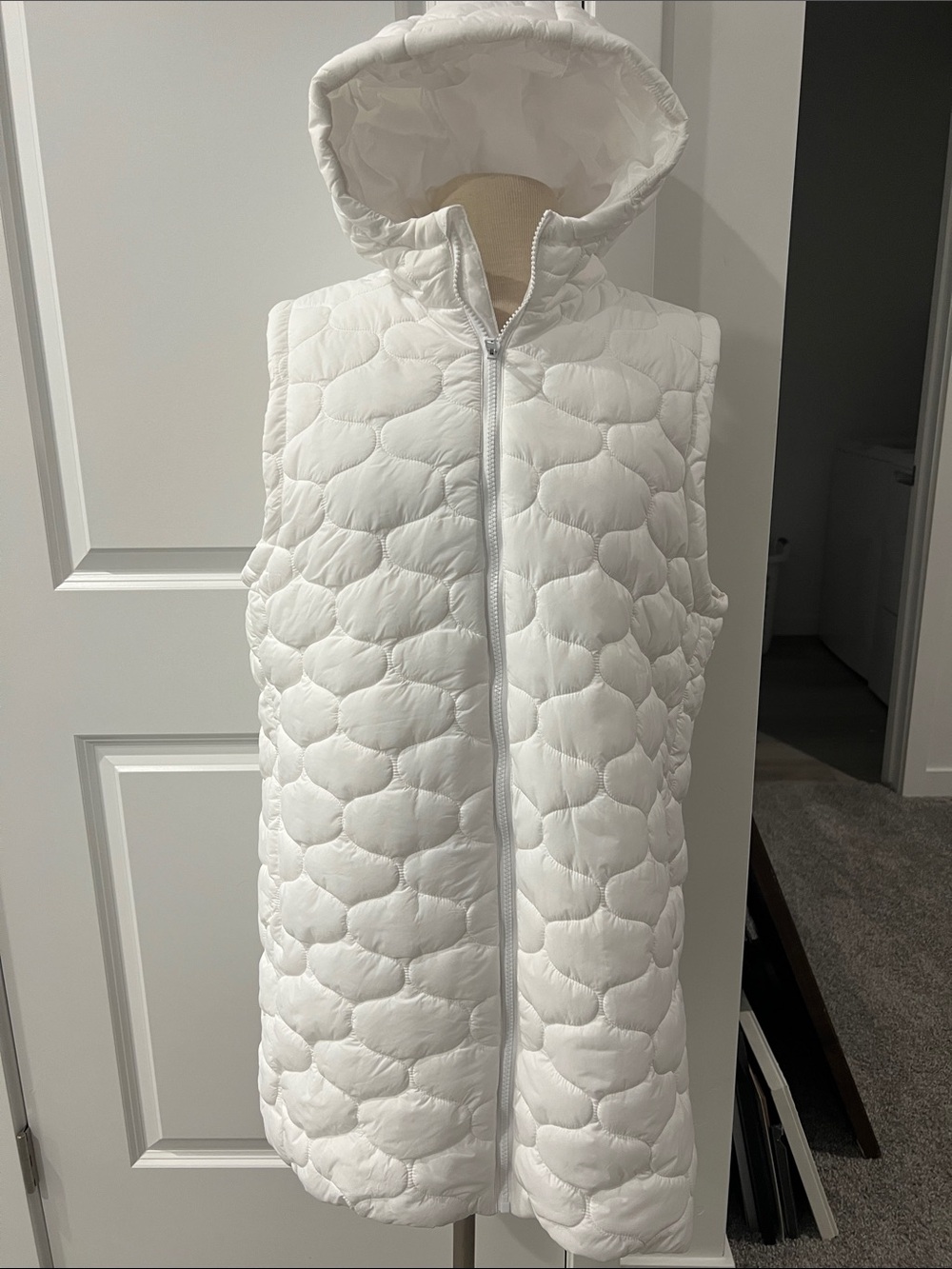 Women’s DSG White Quilted Hooded Vest-Long Length